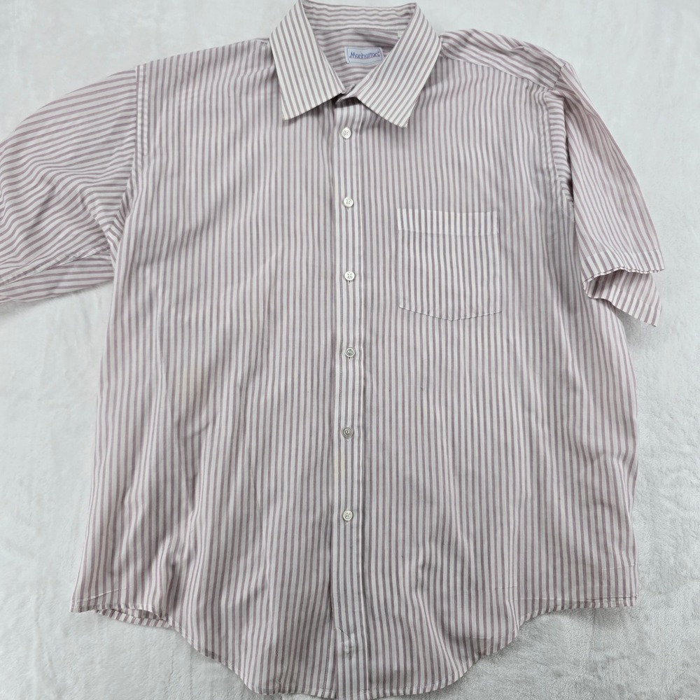 Manhattan Button Down Mens 17-17.5 Shirt White Burgundy‎ Striped Short Sleeve